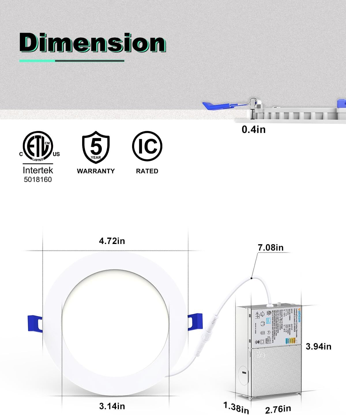 4 Inch 5CCT LED Recessed Ceiling Dimmable Light with Junction Box 2700K-5000K
