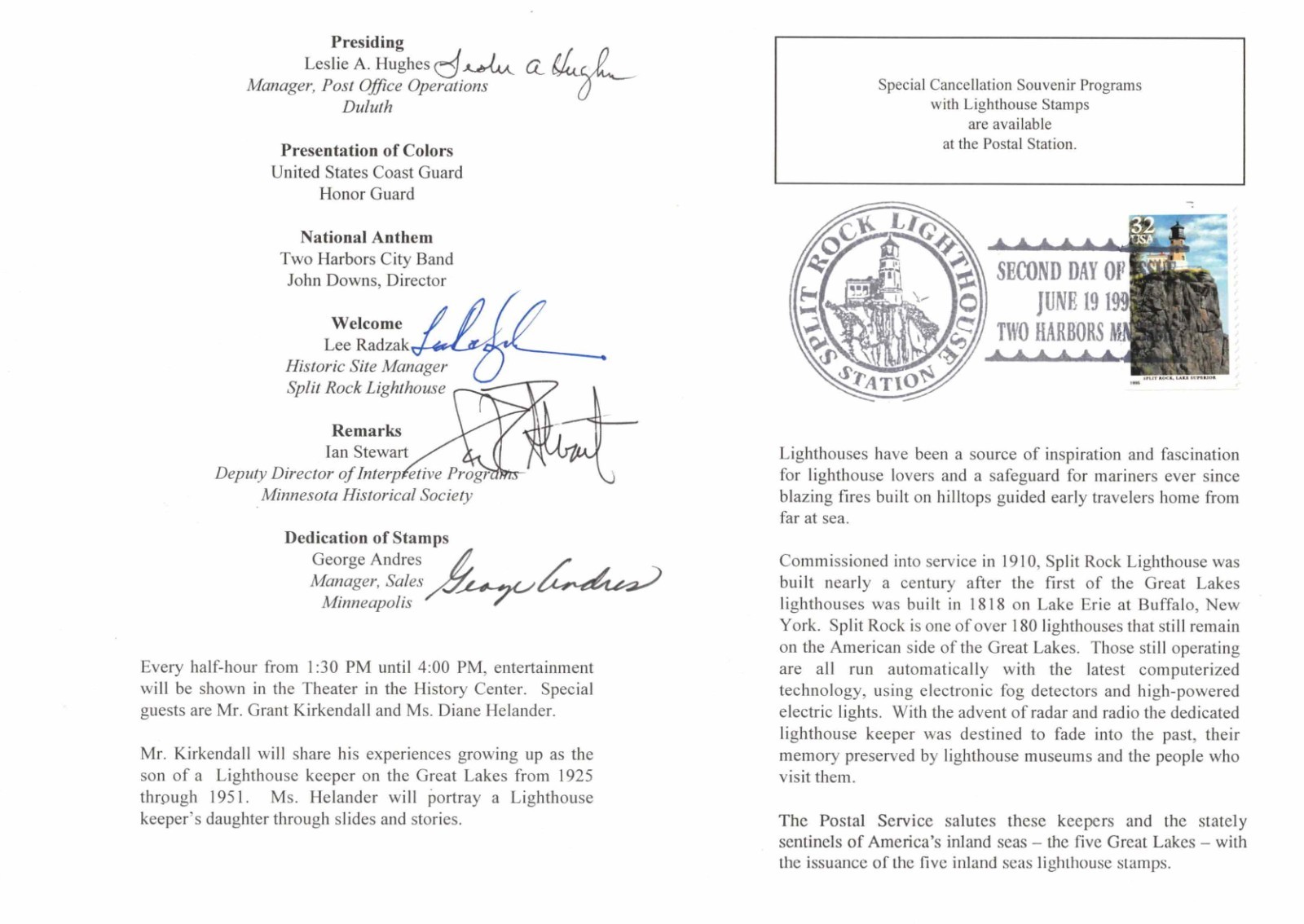 #2969-73 Second Day Ceremony Program Great Lakes Lighthouses w/Split Rock-4 Auto