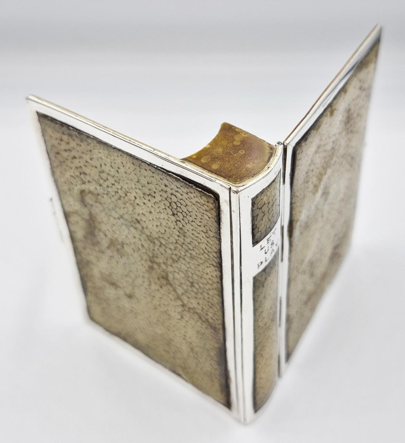 FINE NOVELTY SOLID SILVER & SHAGREEN "LET US PLAY" BOOK PLAYING CARD CASE c1910