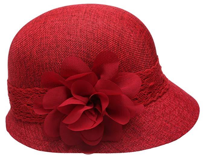 1920's Inspired Women's Gatsby Linen Cloche Hat With Lace Band and Flower