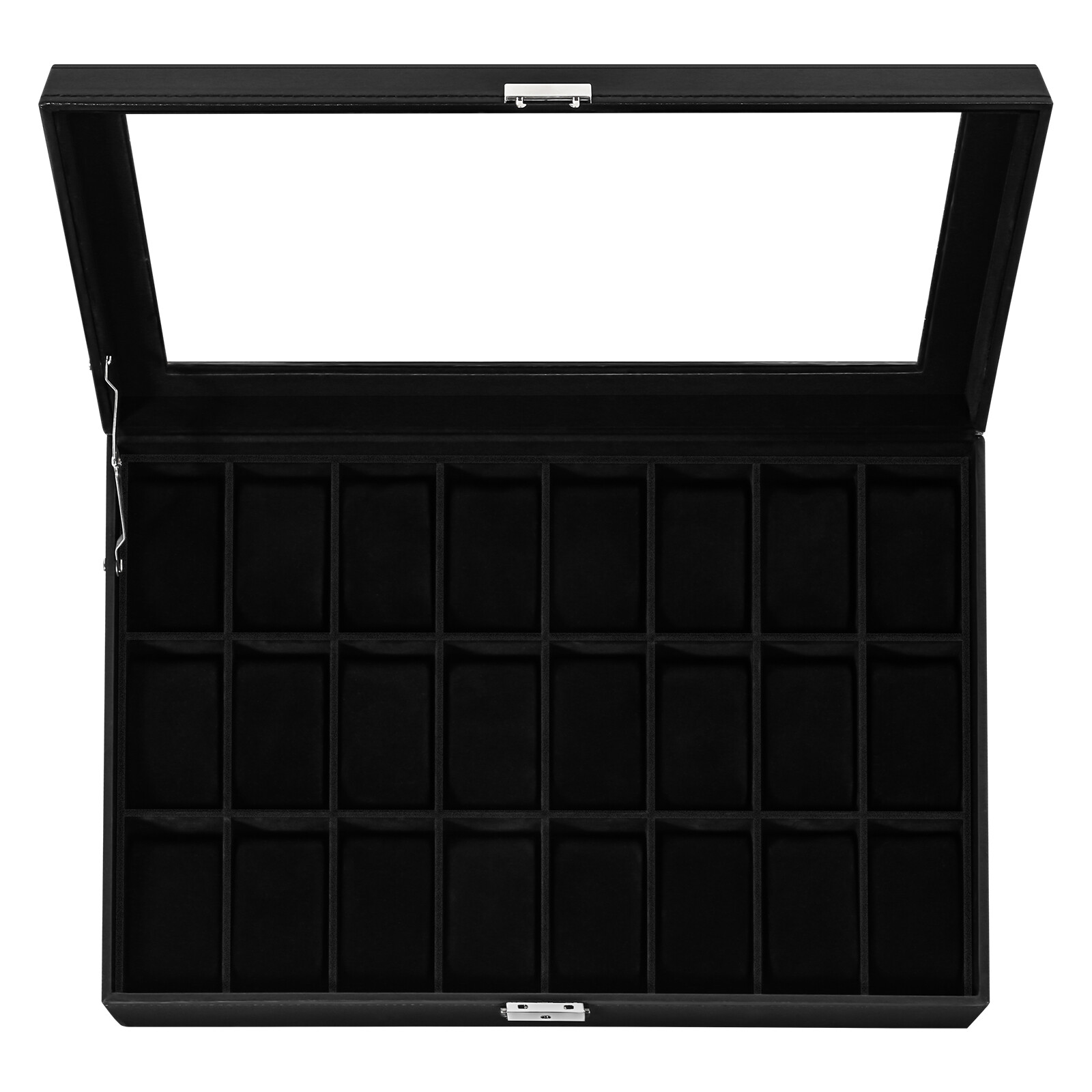 24 Slots Watch Case Box PU Leather Glass Lid Jewelry Organizer Display Case Gift