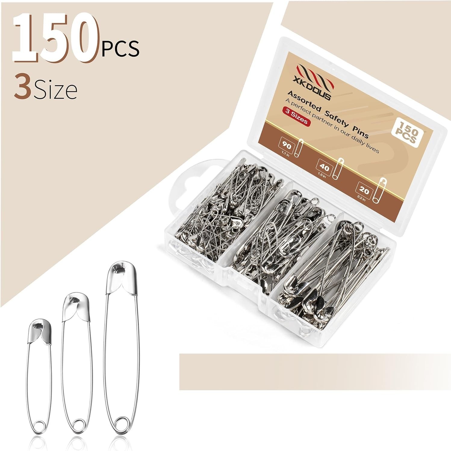 Safety Pins - 150 Pcs Assorted Sizes Silver Pins Bulk - Small & Large Heavy Duty