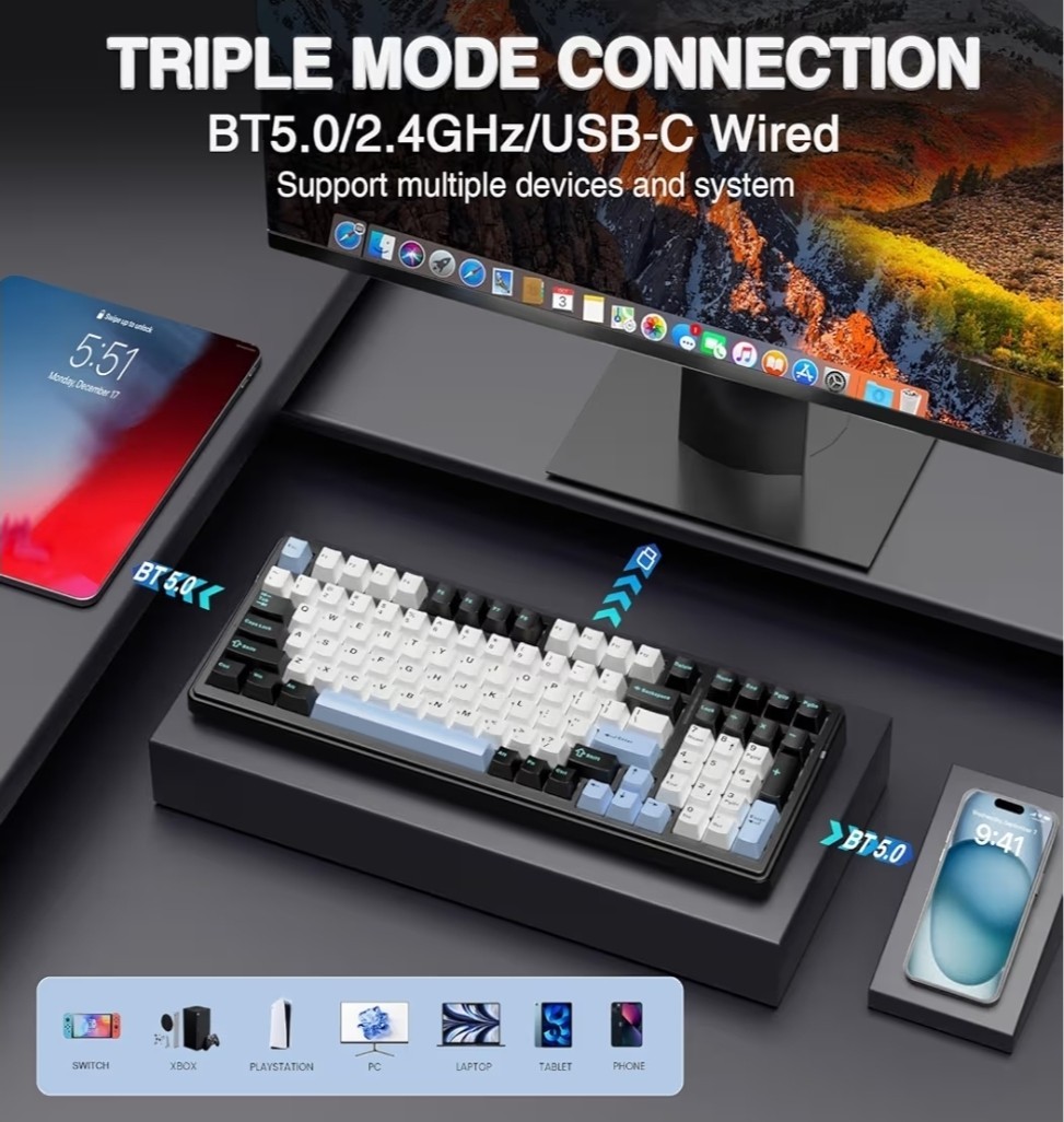 AULA F99 Wireless Mechanical Keyboard,Tri-Mode BT5.0/2.4GHz/USB-C Black&Blue&Whi