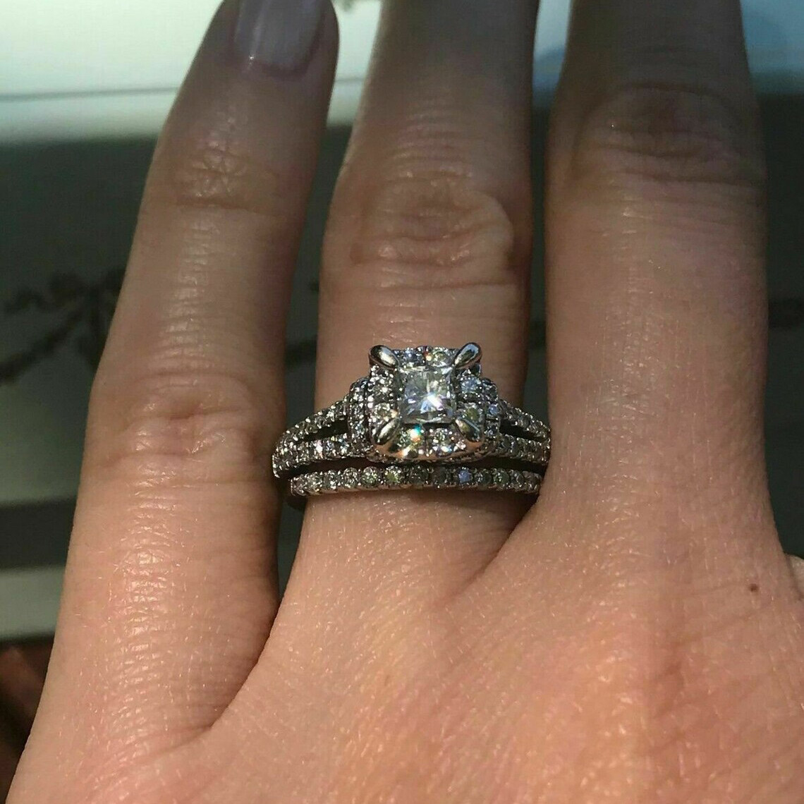 1.8Ctw White Princess Cut Simulated Diamond Wedding Ring Matching 925 Silver Set