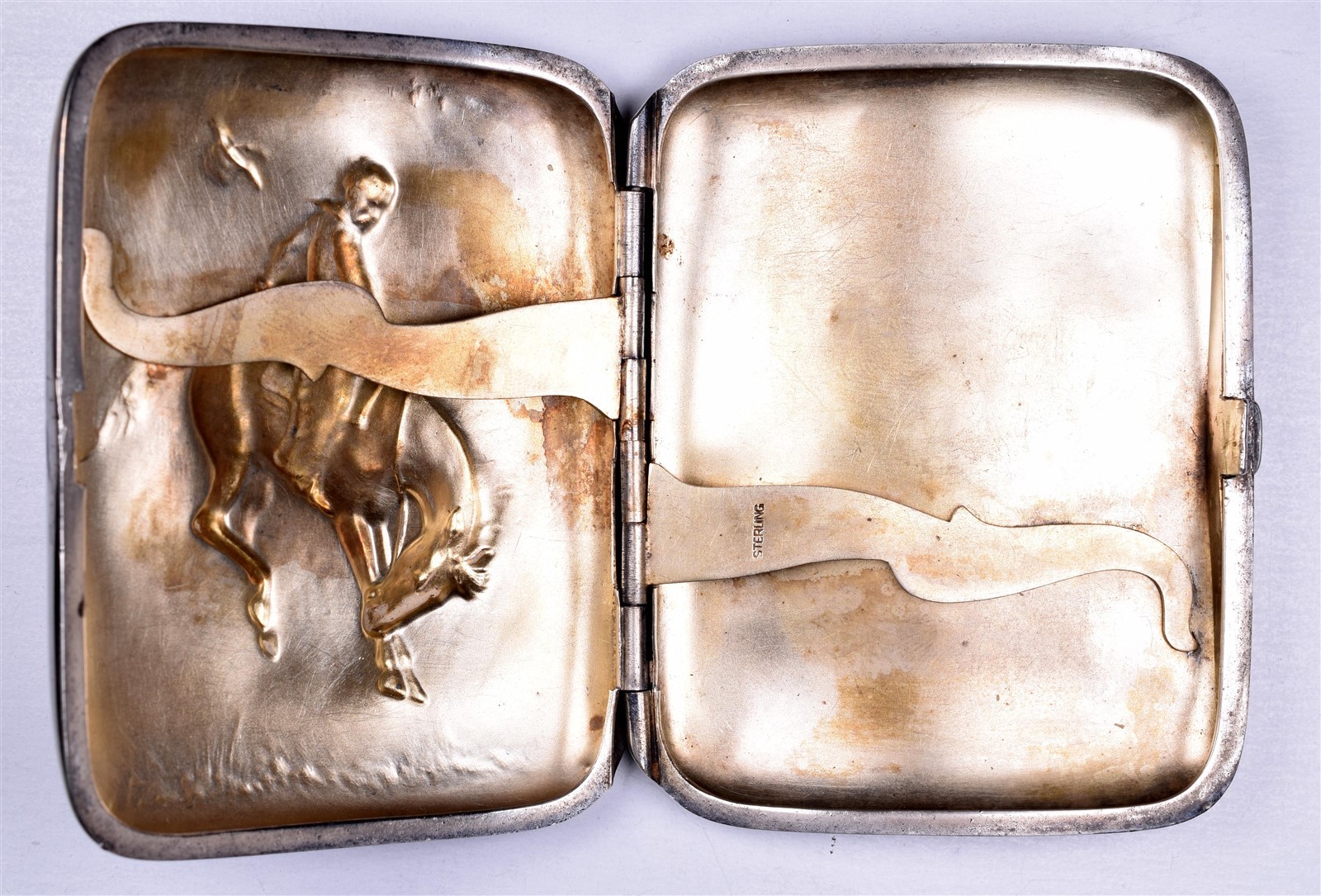 Antique Sterling Cowboy Cigarette Case Vesta Bucking Bronco 71.8 Grams