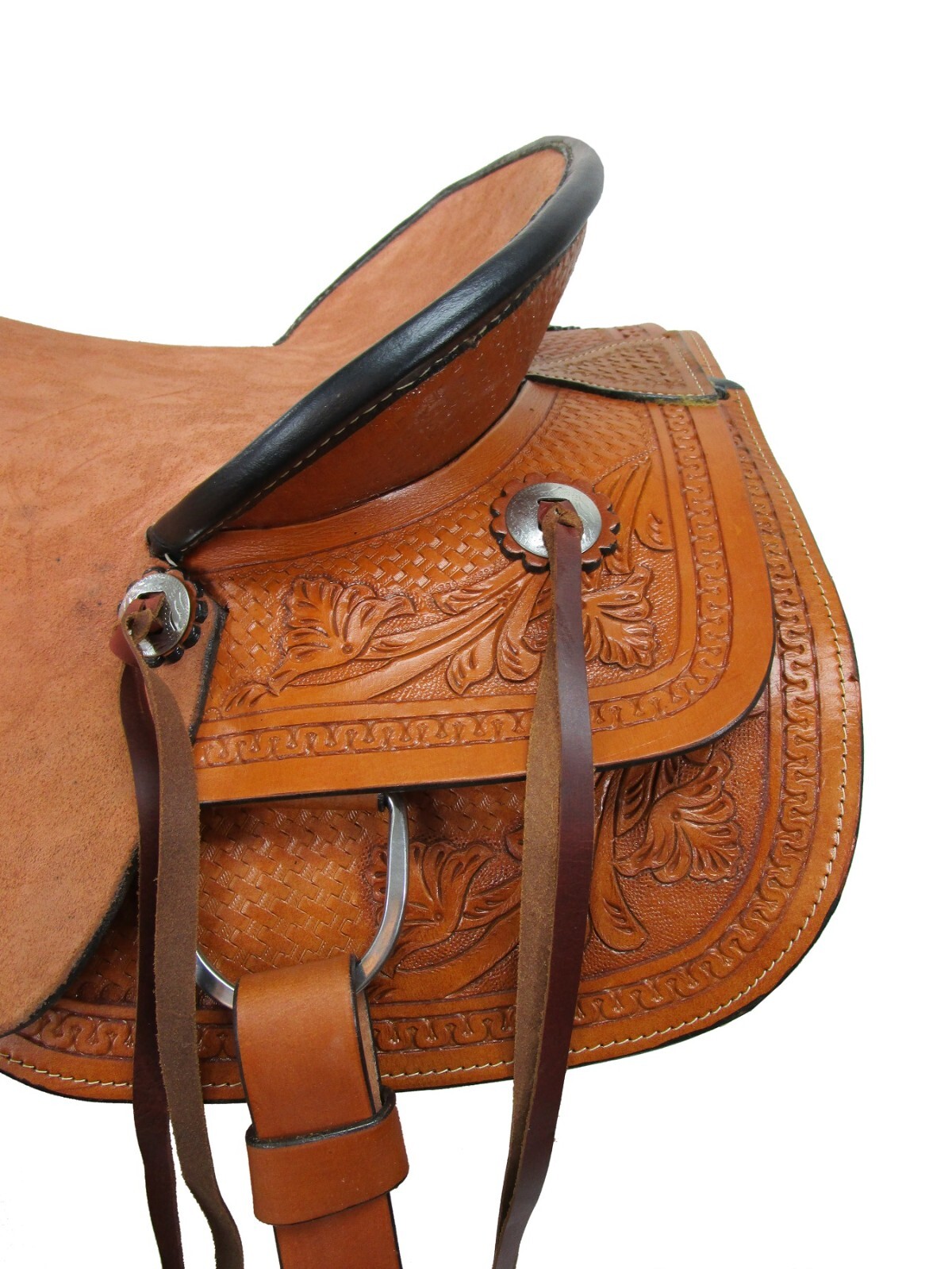 TRAIL SADDLE WESTERN HORSE PLEASURE BASKET WEAVE TOOLED USED LEATHER 15 16 17 18