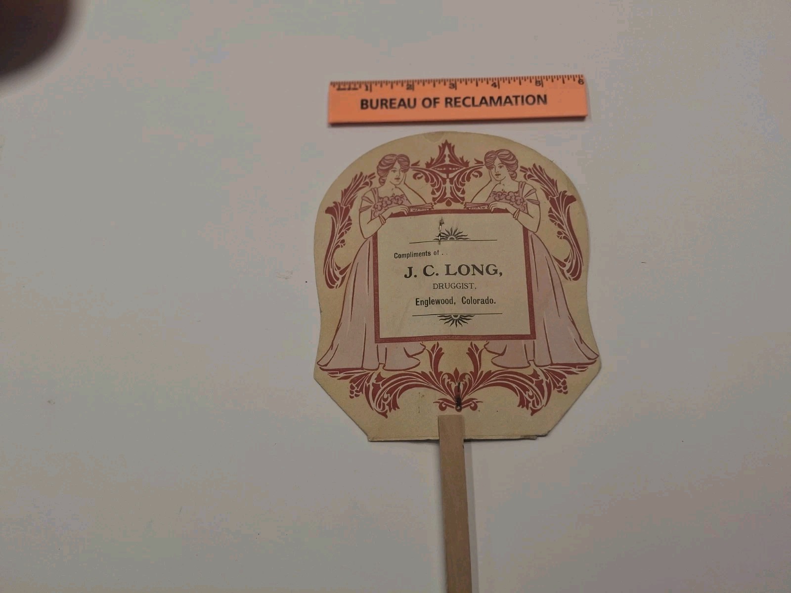 J. C. Long Druggist, Englewood, Colo., 12" Advertising Fan