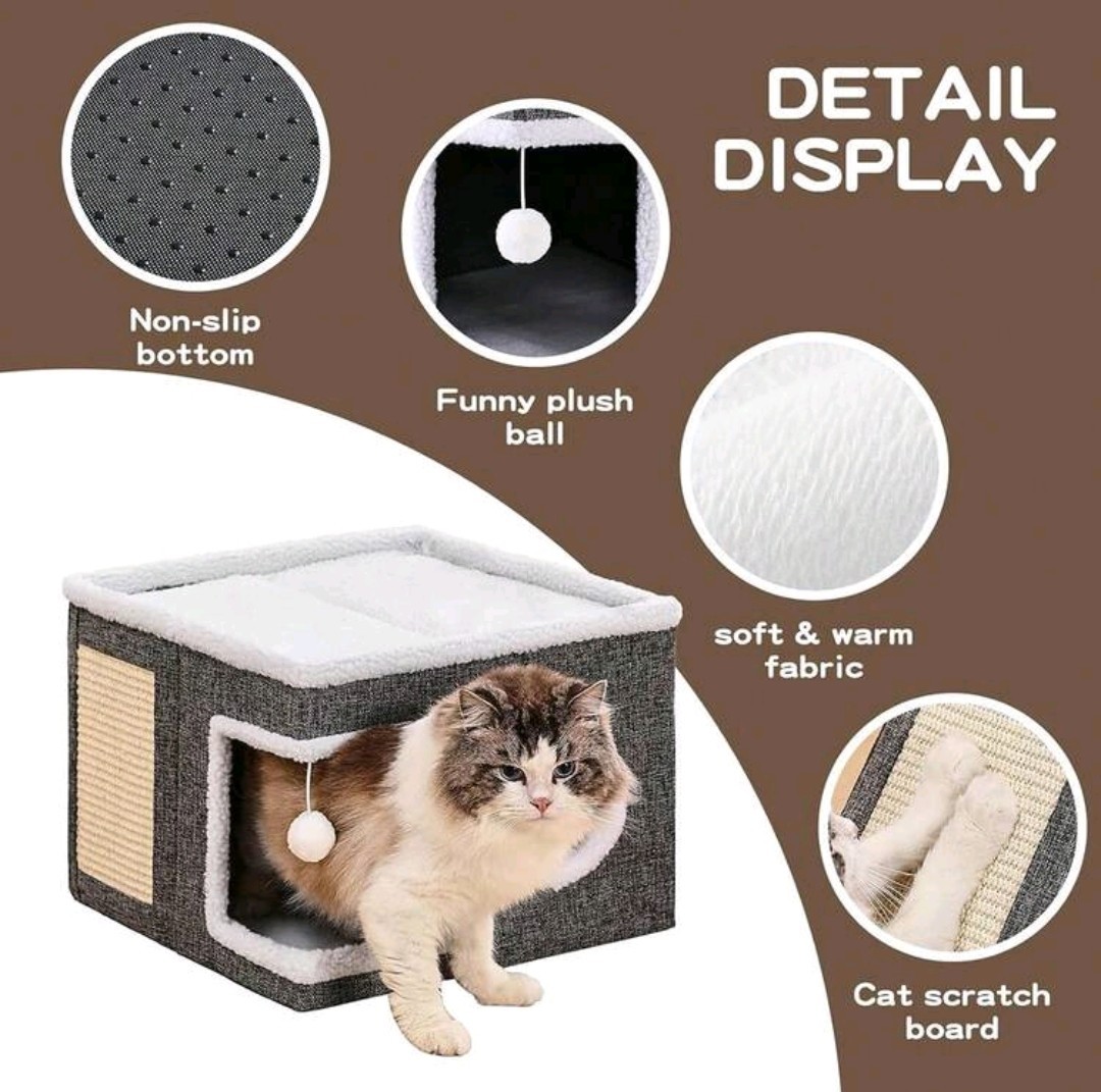 Cat Bed for Indoor Cats, Large Covered Cat House with Scratch Pad, Foldable Cat