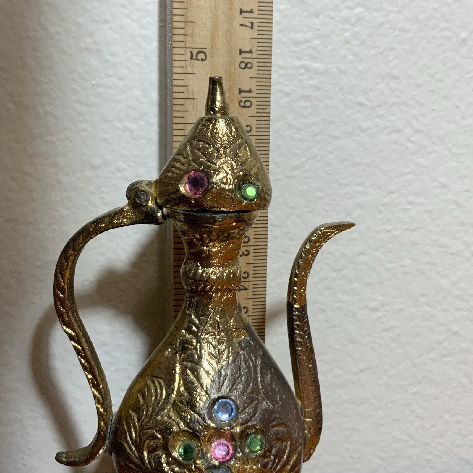 Vintage India Brass Mini Ewer Jeweled Saucer Broken Lid Middle Eastern Decor