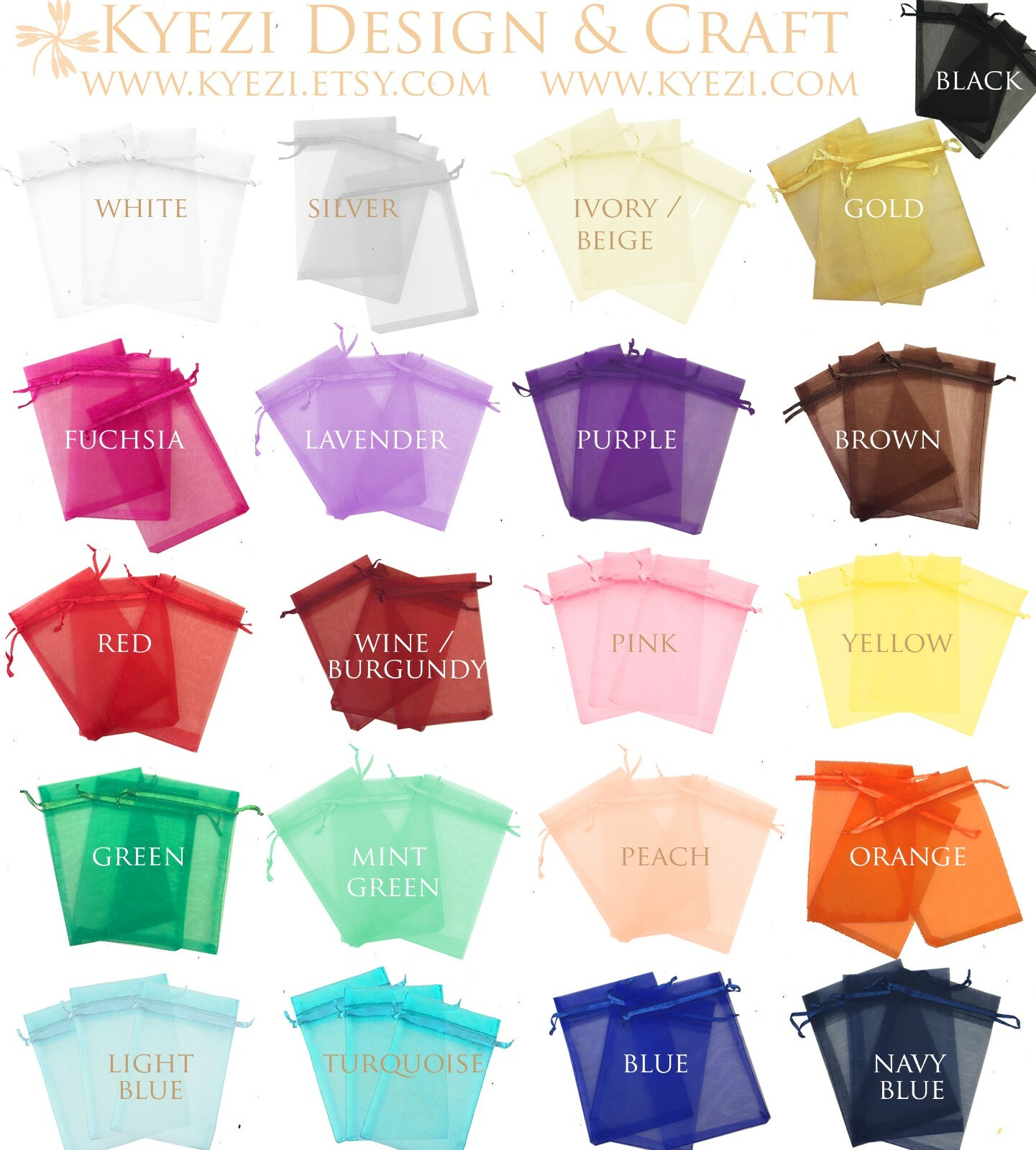 2"x3", 3"x4", 4"X6", 5"x7" Choose Your Own Colors Sheer Drawstring Organza Bags