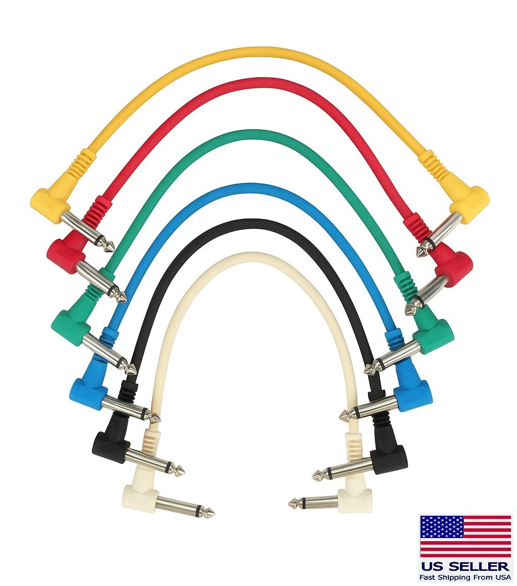 6-Pack Multi Colored 1/4" 90° Elbow TS 1-4 Ft Patch Cables for Guitar Pedals NW