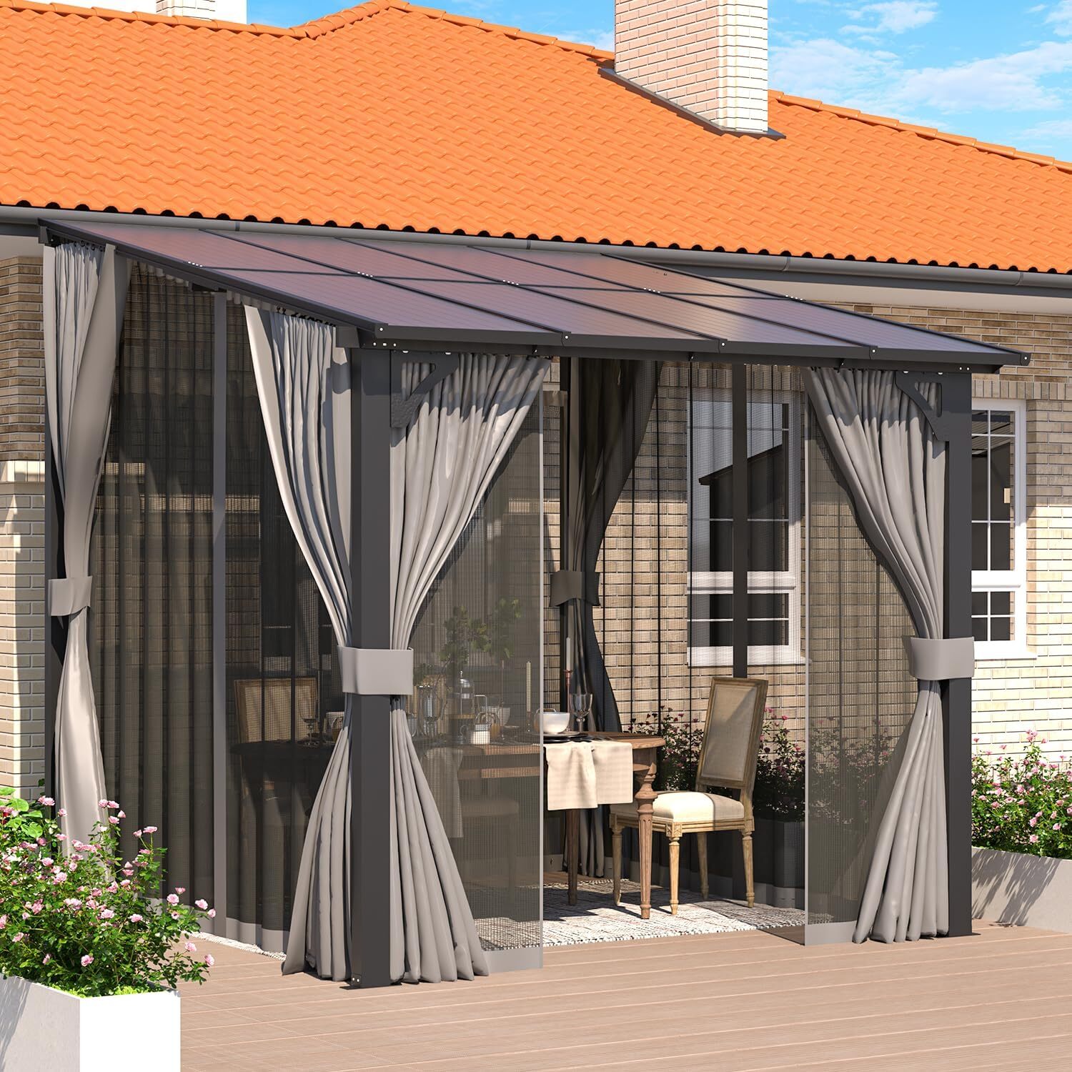 Wall-Mounted Lean-to Gazebo Pergola with Curtains, Netting, 6 Sizes