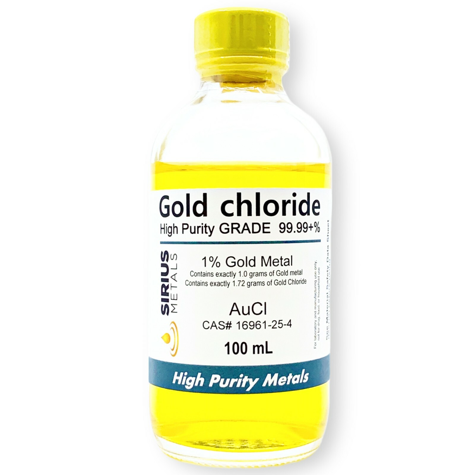 Gold Chloride - 1.725% (1.0% as 99.997% pure Gold metal) -100 mL in Glass Bottle