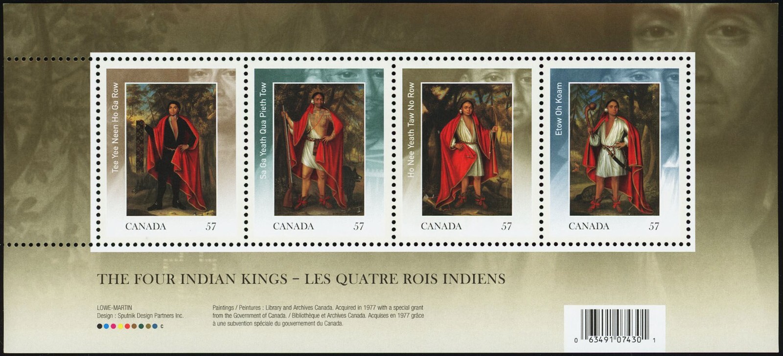 Canada Stamps Souvenir Sheet of 4, Four Indian Kings, #2383b MNH