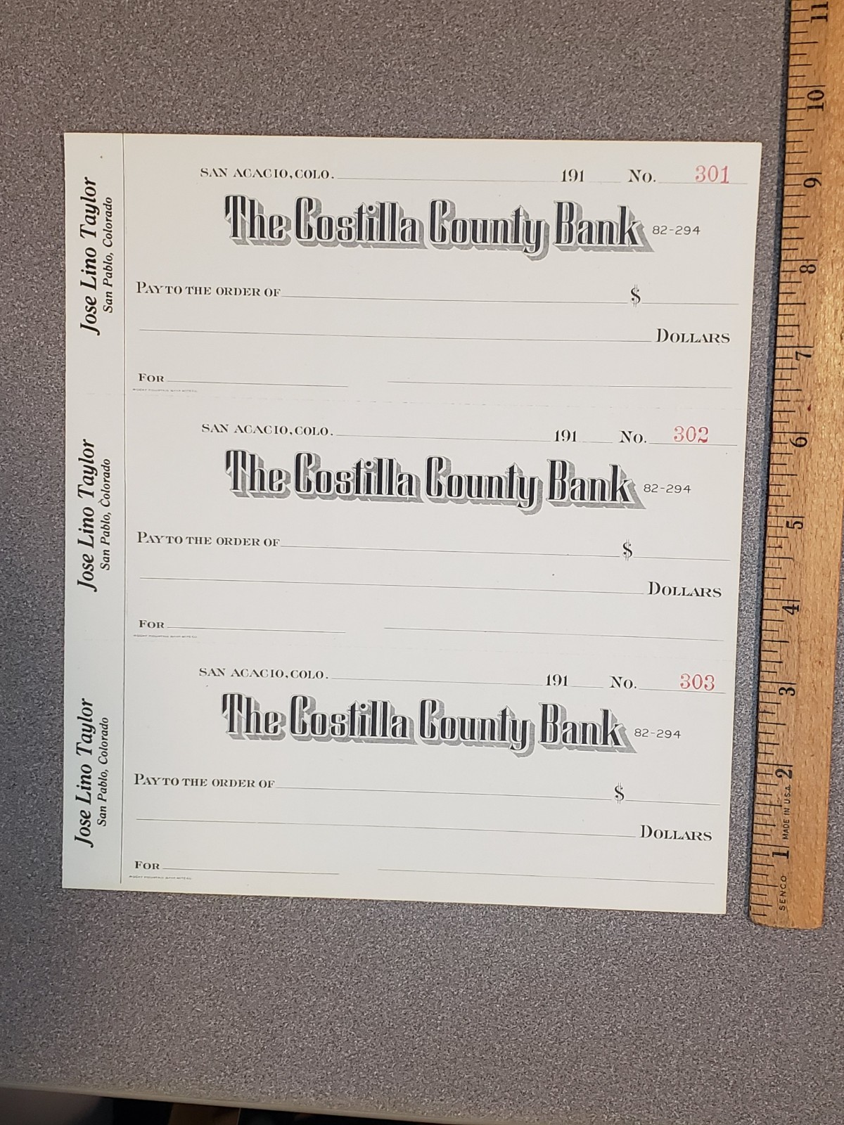 1910's Costilla County Bank unused check sheet