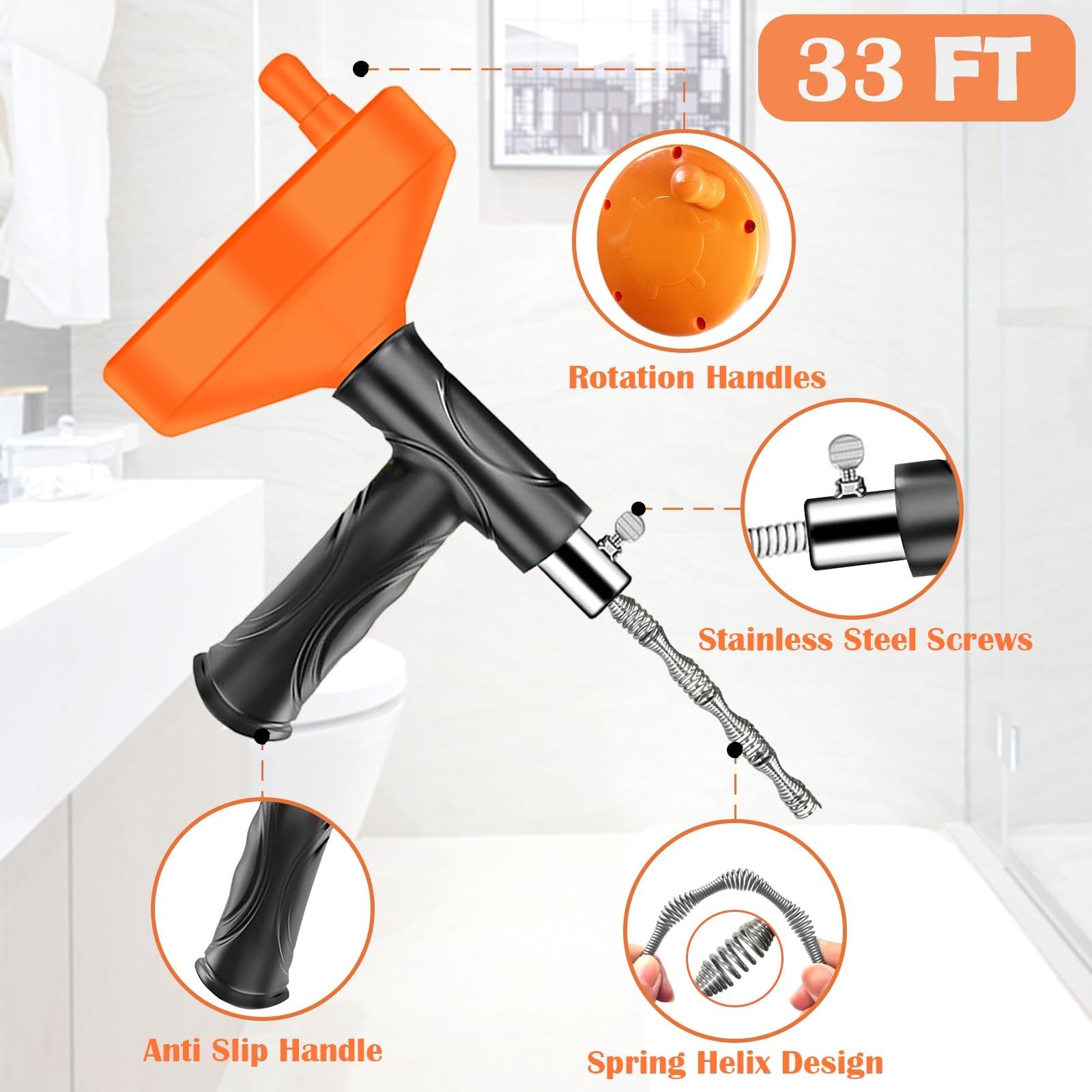 33ft Drain Auger Plumbing Snake - Heavy Duty Clog Remover for Toilet Sink Bath