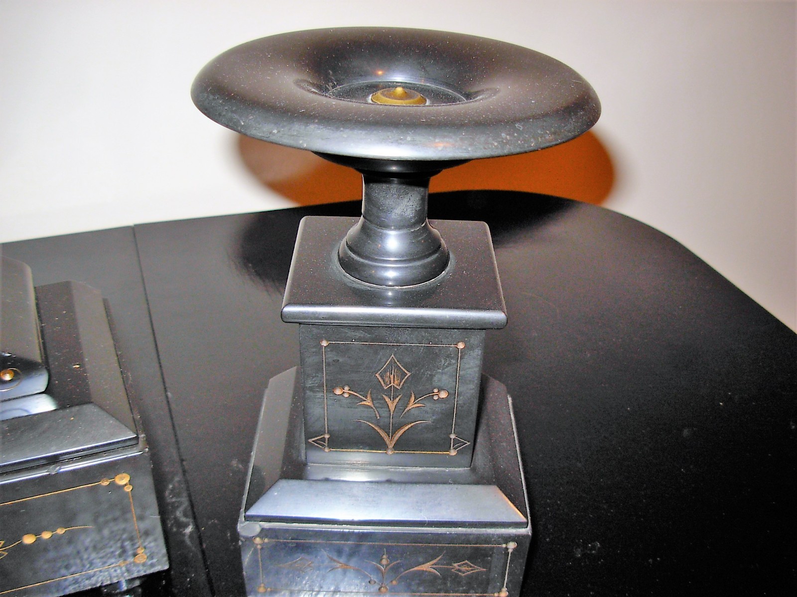 Antique European Black Slate Mantle Clock with Matching Garnitures