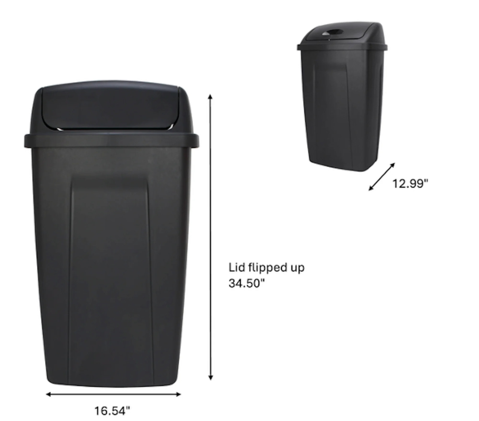Kitchen Trash Can, 13 Gallon Plastic Garbage Bin with Swing Top Lid, Black