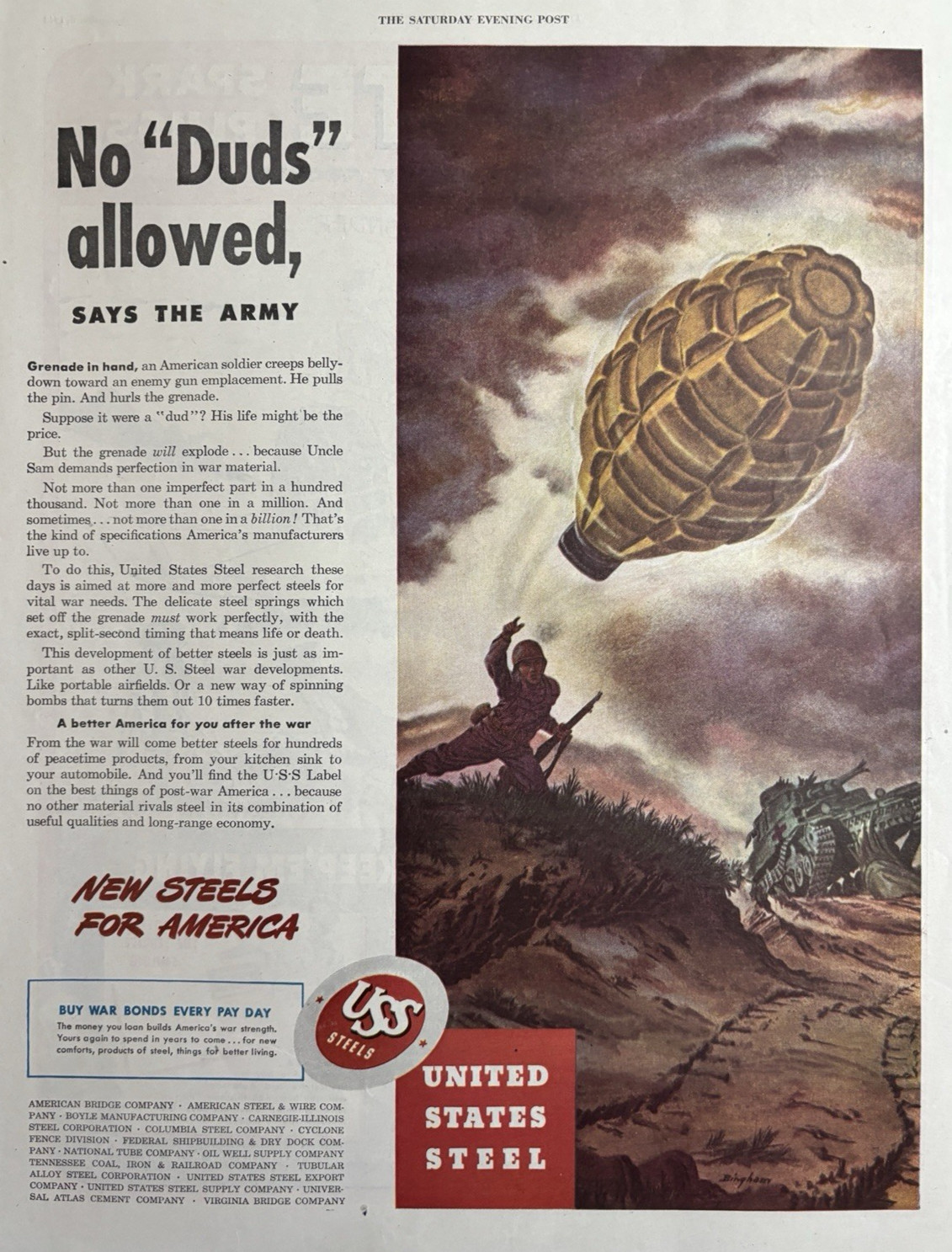 1943 United States Steel WWII No duds Allowed Hand Grenade Army VTG Print Ad