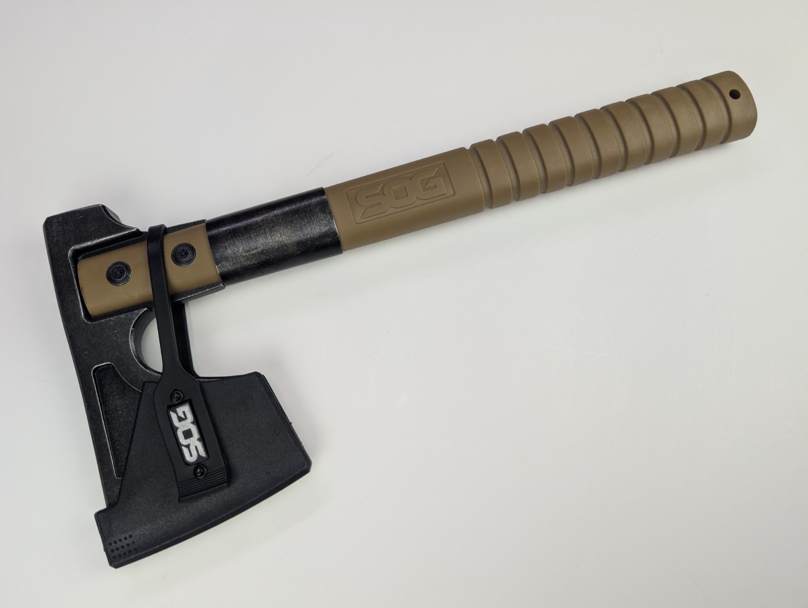 SOG Camp Axe - 11.5" Overall - Black Stonewash Finish - Tan GRN Handle + Sheath