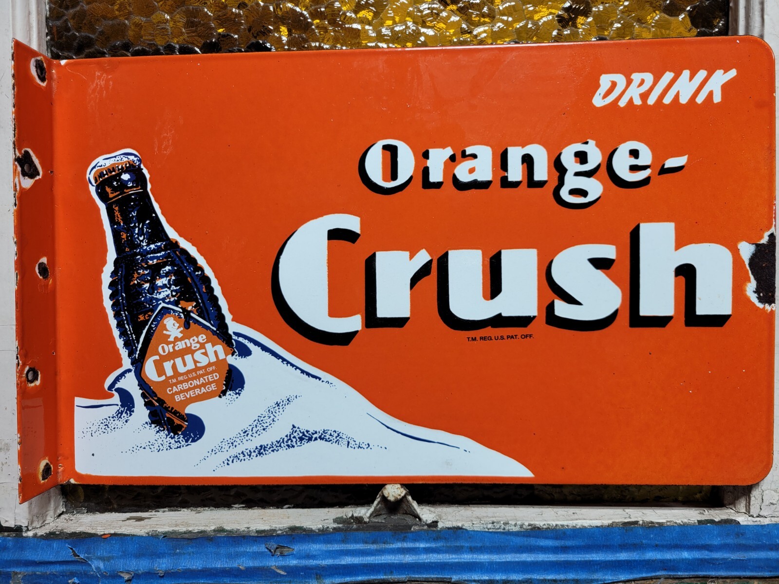 VINTAGE ORANGE CRUSH PORCELAIN SIGN OLD SODA FLANGE COLA BEVERAGE DRINK FOOD 20"