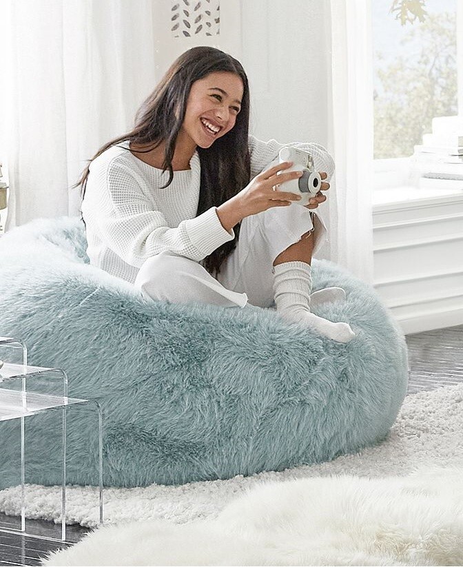 NEW Pottery Barn Faux Fur Porcelain Blue Bean Bag Ottoman Poof Chair Cover Only