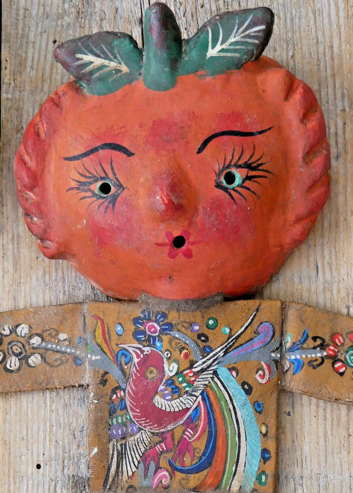 Fruit Girl Canvas Body Coconut Head Distressed Handmade Guerrero Mexico Folk Art