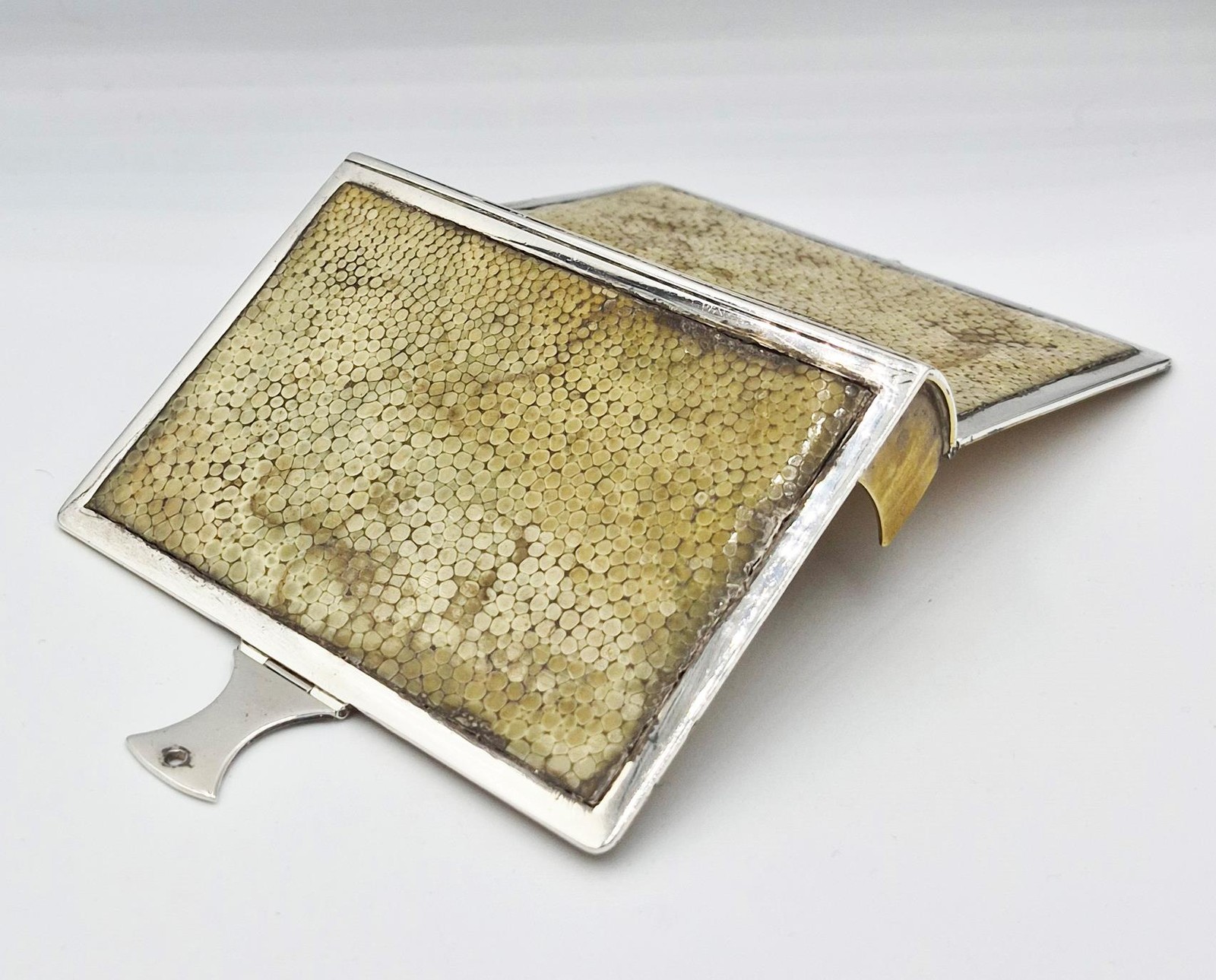 FINE NOVELTY SOLID SILVER & SHAGREEN "LET US PLAY" BOOK PLAYING CARD CASE c1910