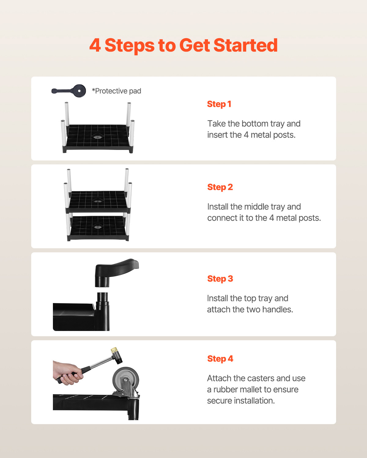 VEVOR Heavy Duty Utility Cart 300 lbs Capacity 3-tier Service Cart with Wheels