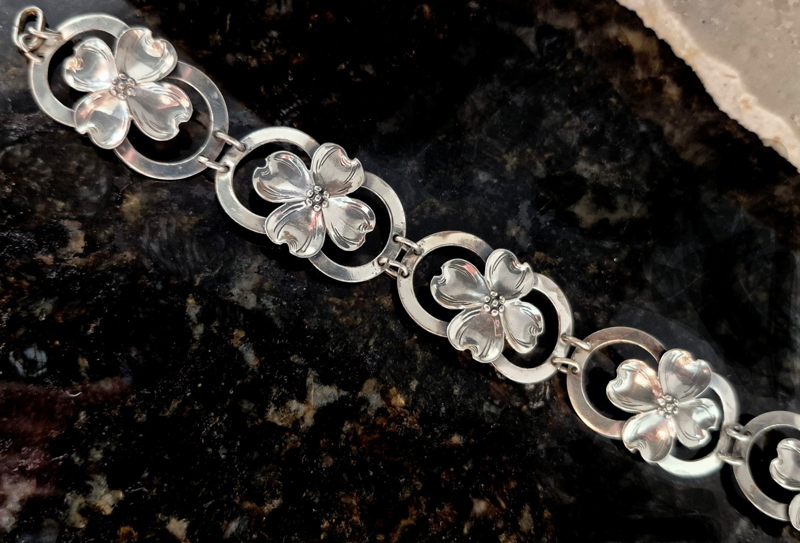 Vintage Estate Sterling Dogwood Panel Bracelet