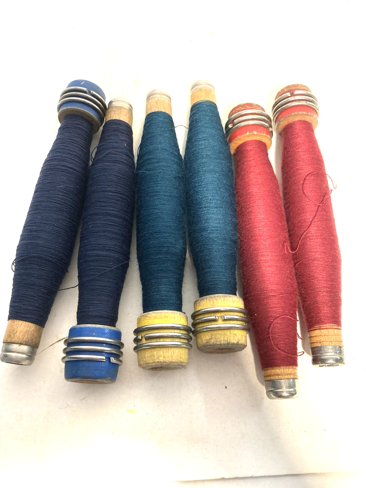 Wood Quills Wooden Bobbins Thread Wrapped Spools RED, BLUE, GREEN Factory Lot-6: