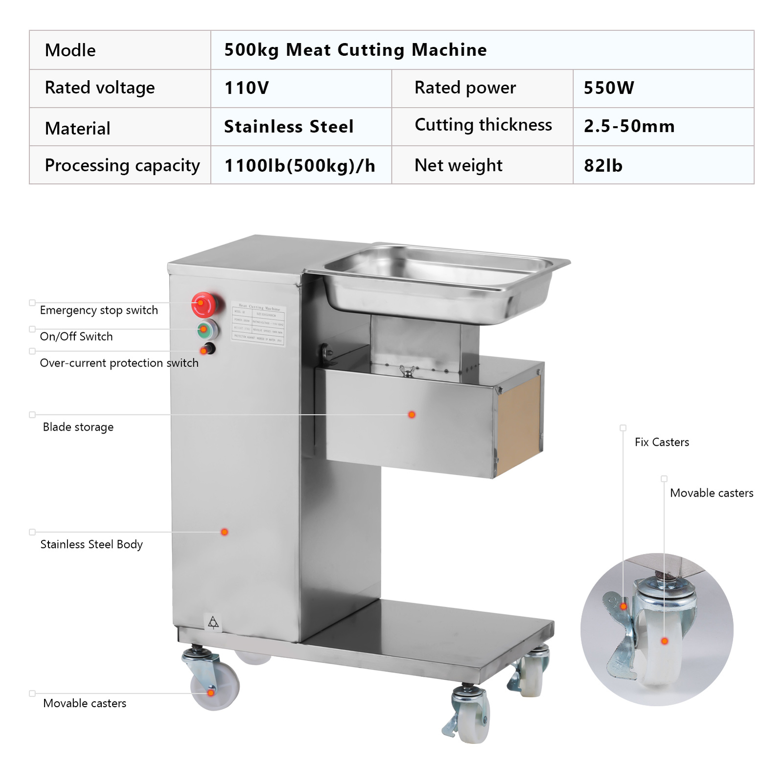 QE Meat Cutting Machine 110V Meat Cutter Slicer with 3/5mm Blade 500KG/H Output