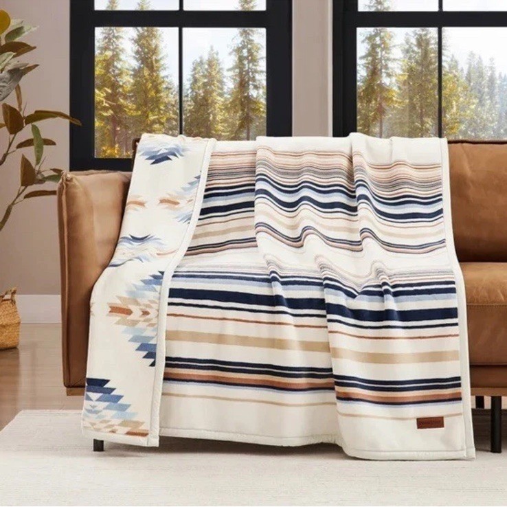 PENDLETON Aztec 50"x70" Ivory / Stripes Native Reversible Throw Blanket Savanna
