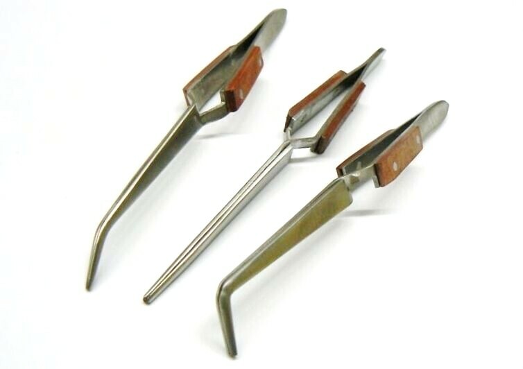 Fiber Grip Cross Lock Tweezers Self Closing 6" Set - Curved + 90° + Straight Tip