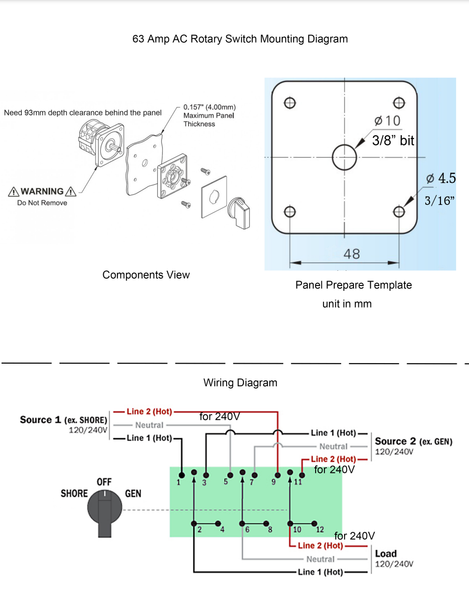 60 Amp Transfer Switch, Shore-Off-Gen Rotary Switch for RV,Motorhome,Truck,Boat