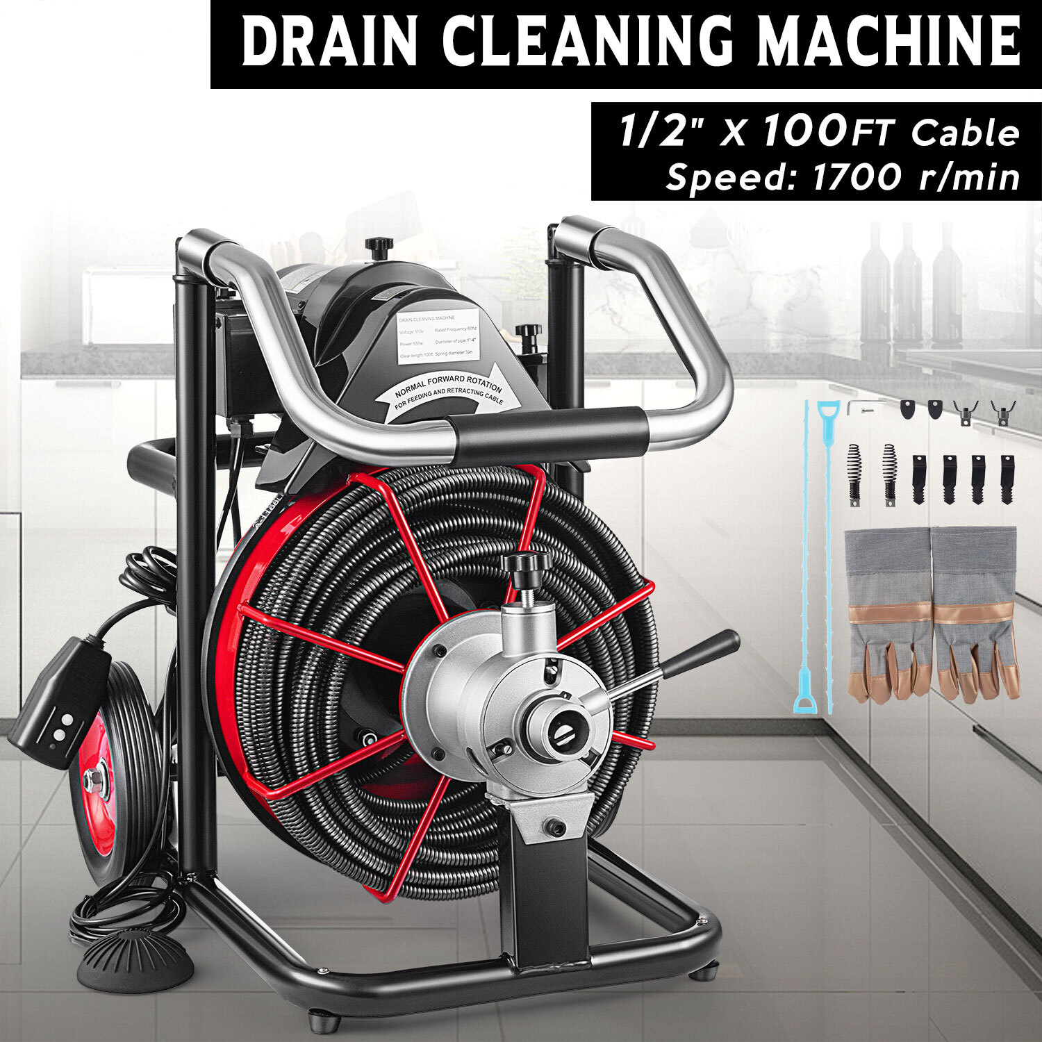 100ft x 1/2" Commercial Drain Cleaner Sewer Snake Drain Auger Cleaning Machine