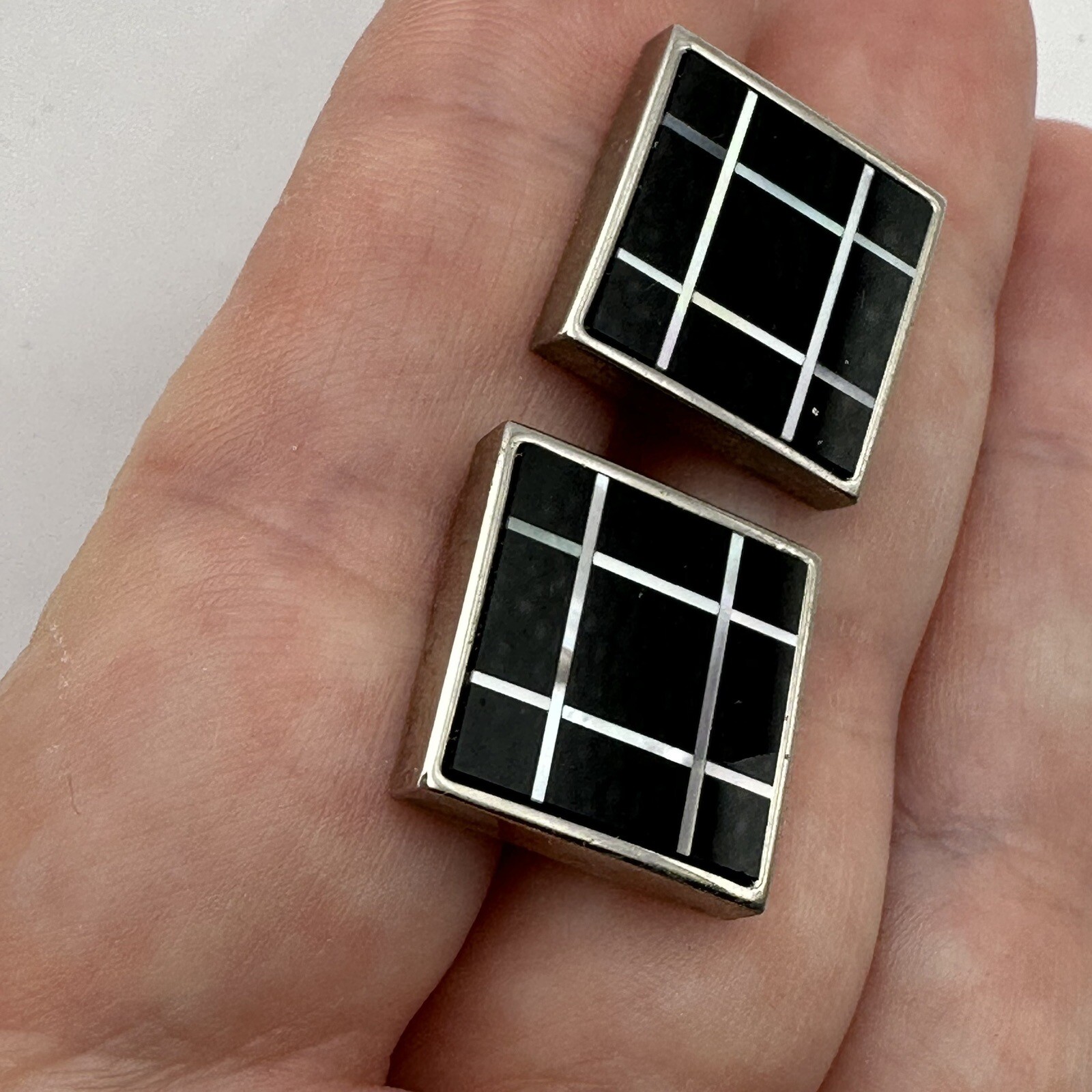 Modernist Black White Cufflinks Onyx Mother Of Pearl Square Geometric Pair