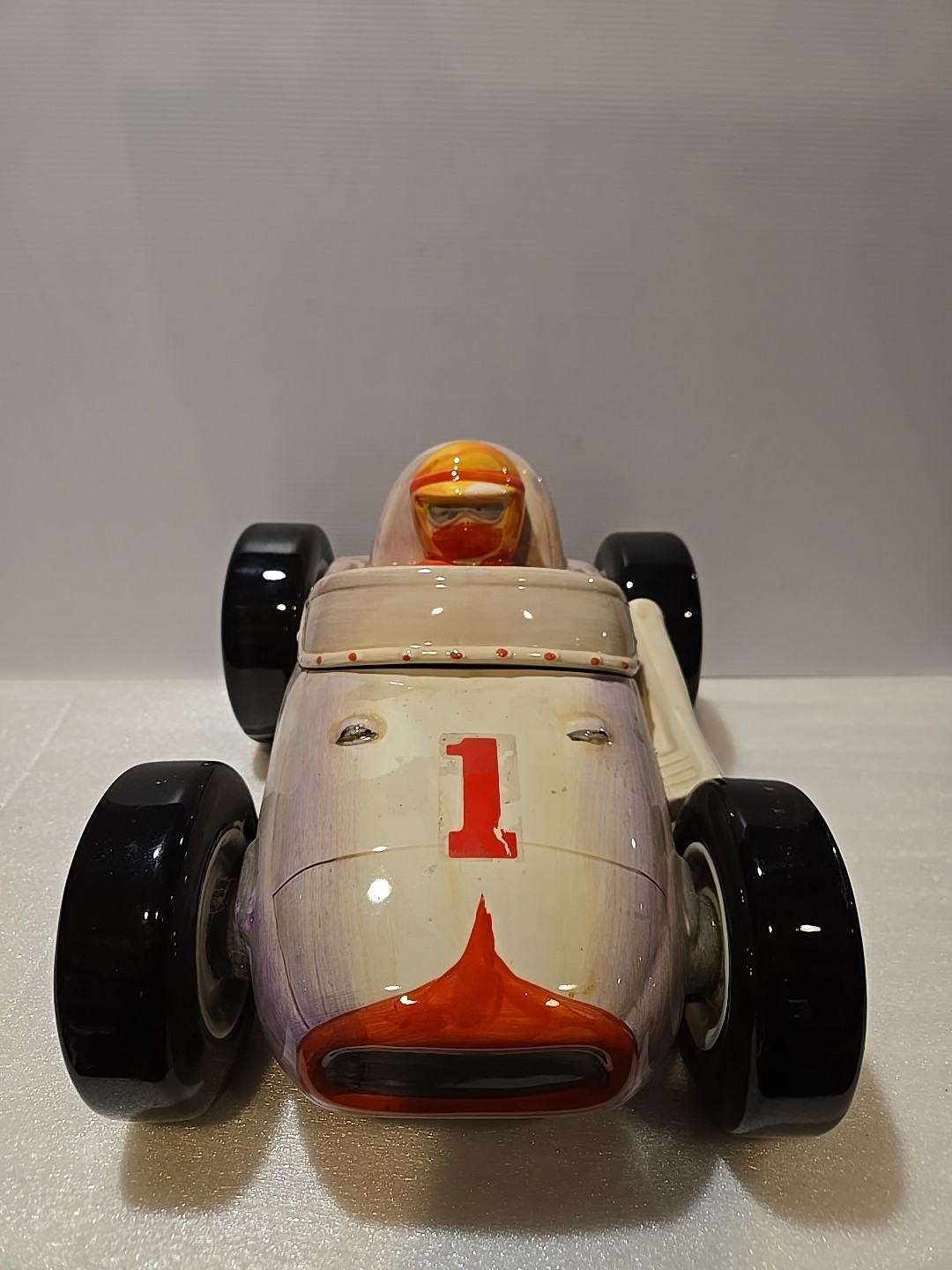 Vintage 2002 Coca-Cola COKE 14" Porcelain Race Car Cookie Jar, Very Good Shape