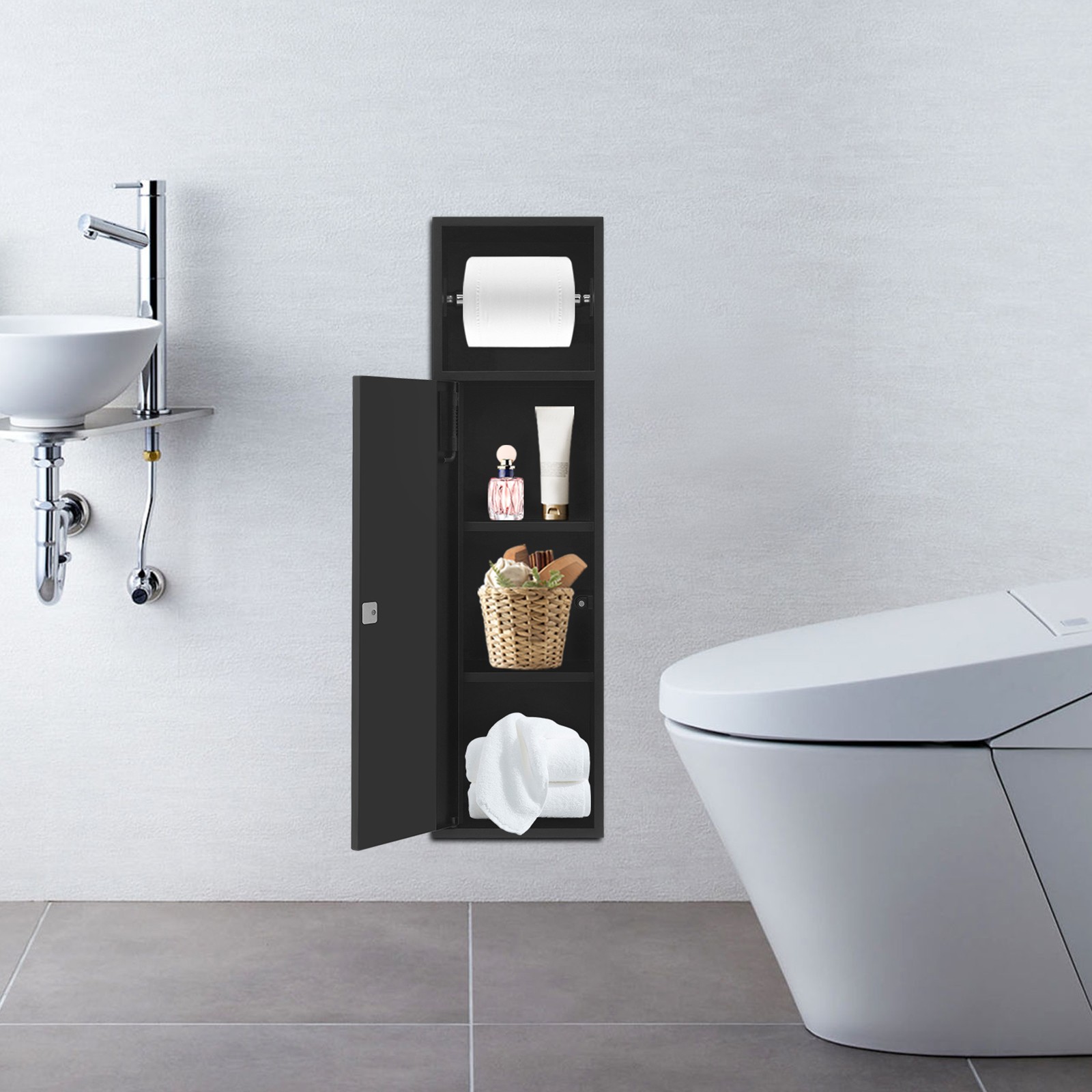 4-Tier 304 Stainless Steel Recessed Bathroom Niche W/ Toilet Paper Holder