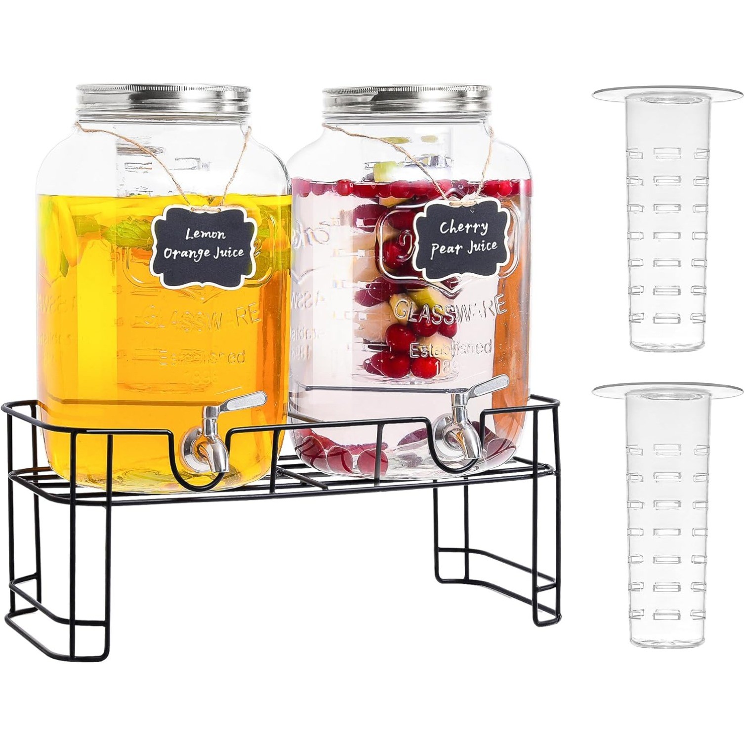 2 PACK 2 Gallon Leakproof Glass Beverage Drink Dispensers Metal Stand and Lid