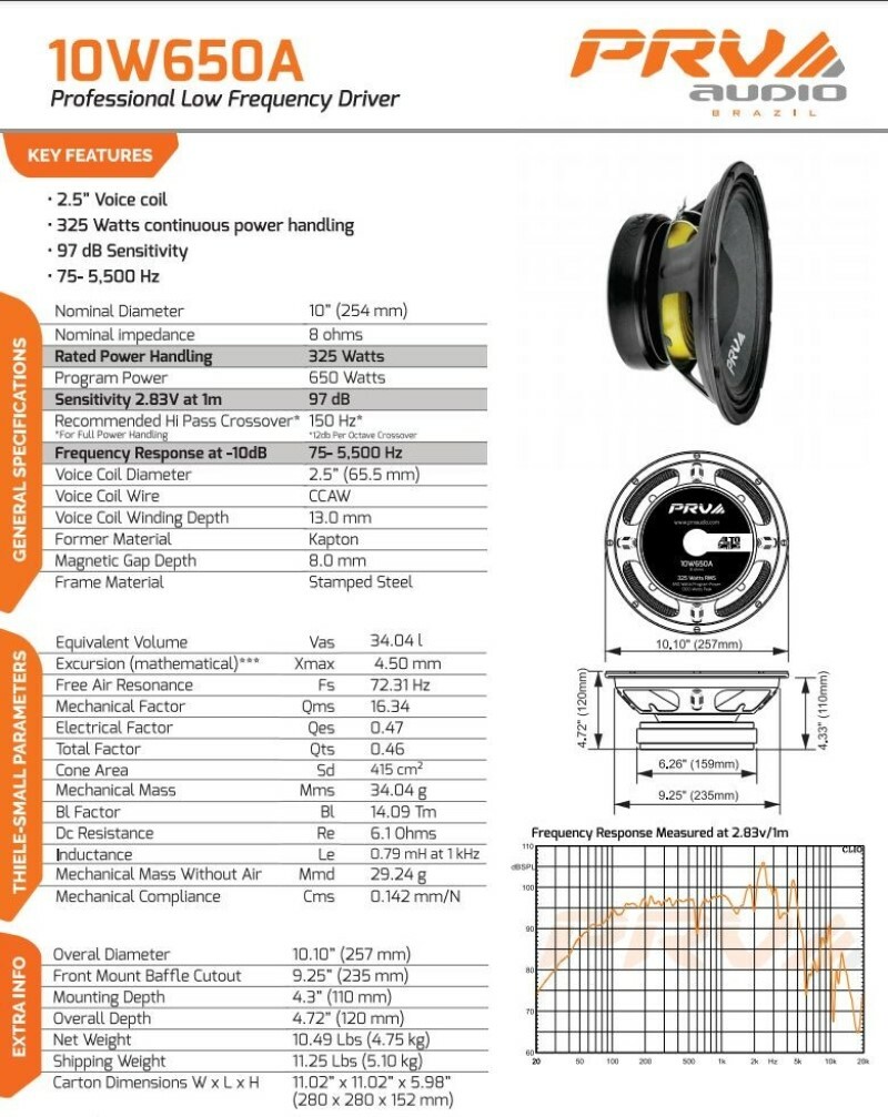 1x PRV Audio 10W650A Midbass ALTO 10" Speakers PRO Audio 8 Ohm 10A PRO 650W