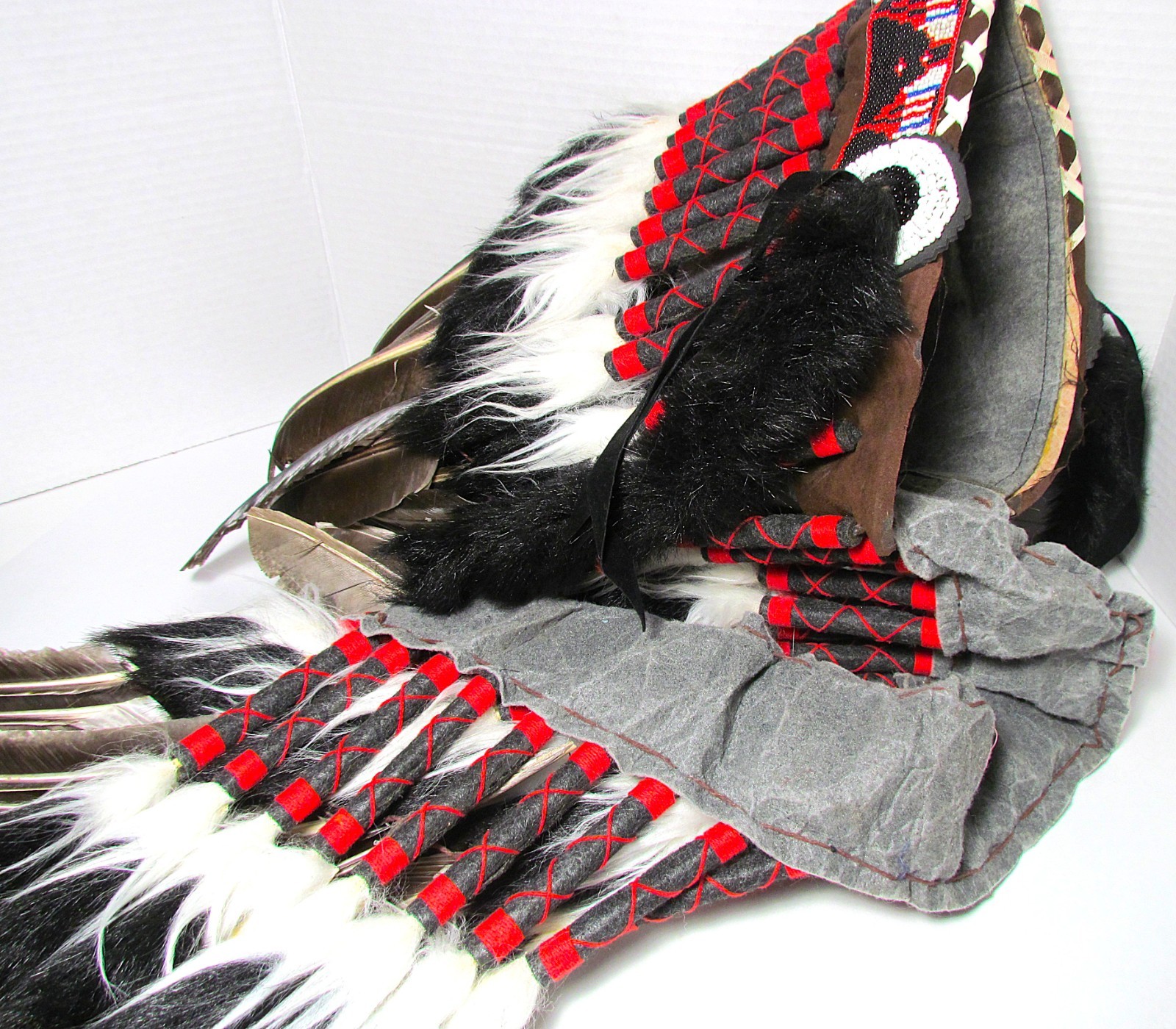 VINTAGE NATIVE AMERICAN FEATHERED & BEADED WARBONNET 34 INCHES LONG
