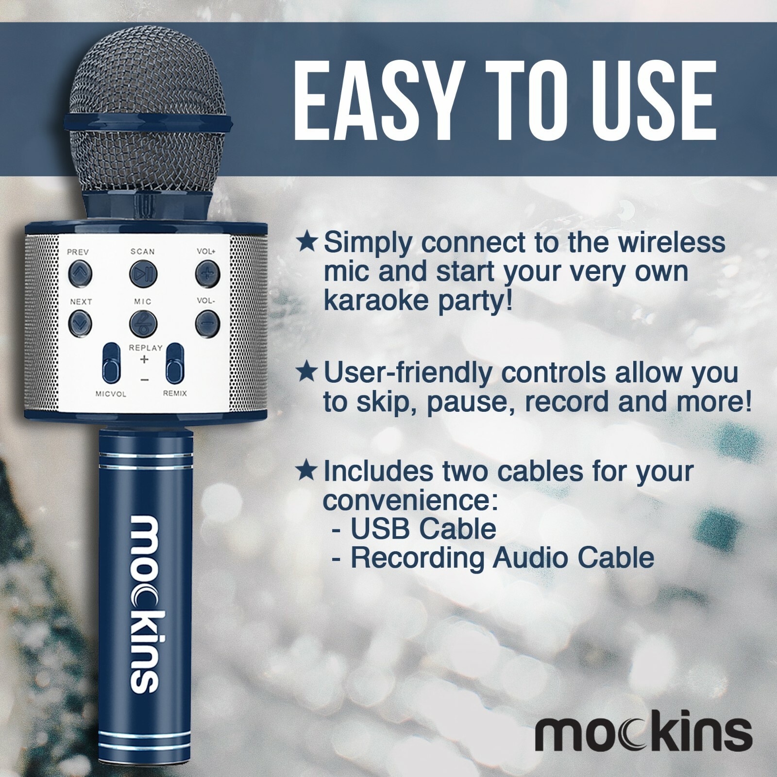 Mockins Wireless Bluetooth Karaoke Microphone, Navy, Holiday Gift kids