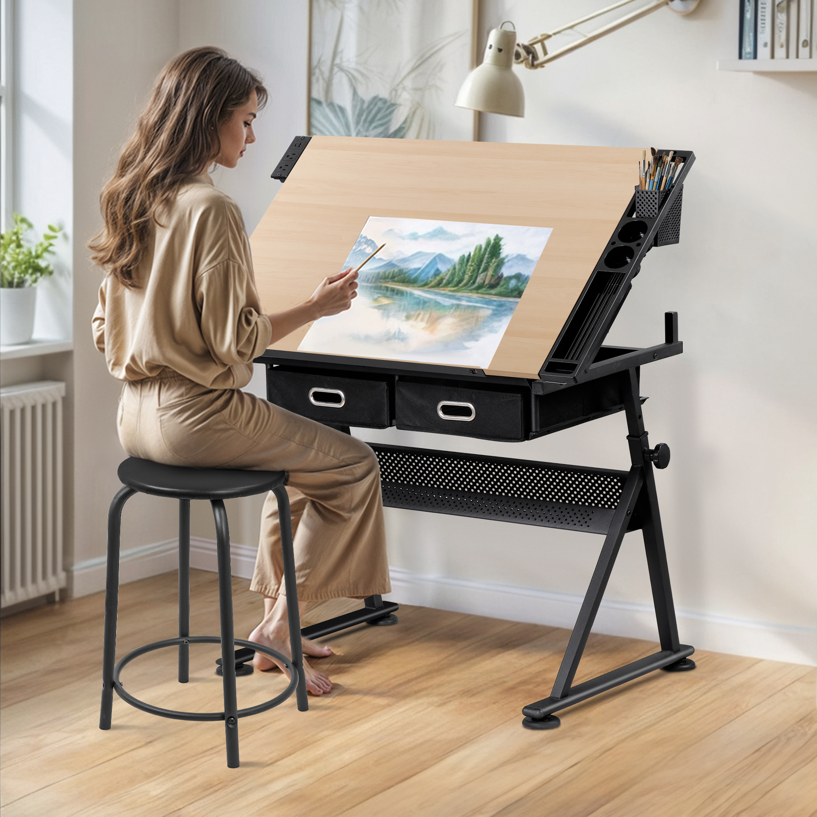 Adjustable Drafting Table for Artists Drawing Table w/ Charging Station Natural