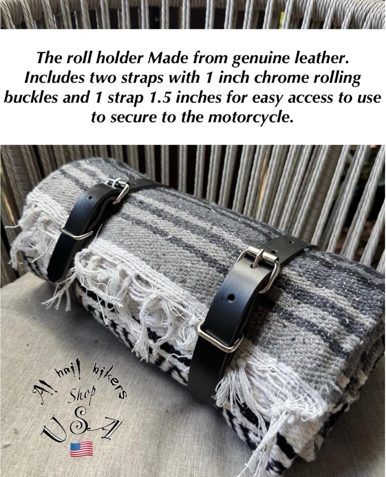 Black Genuine Leather Blanket Roll / Bed Roll Strap With A Blanket (Grey)