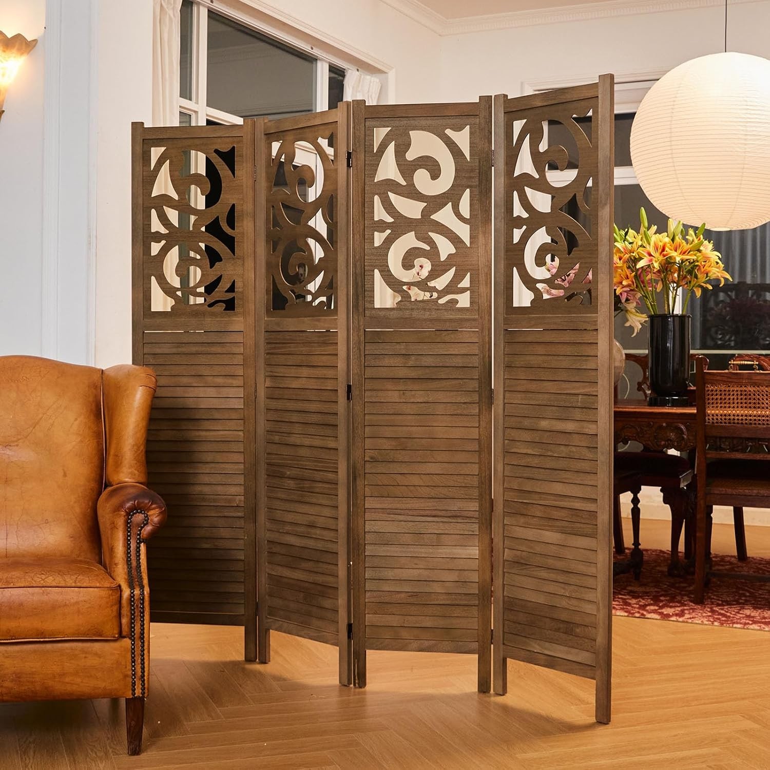 Folding Room Divider, 5.6Ft 4 Panels Wood Carved Privacy Screens,Partition