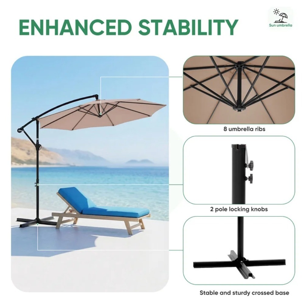 10ft Offset Hanging Patio Umbrella with Aluminum Stand, 8 Ribs, Khaki