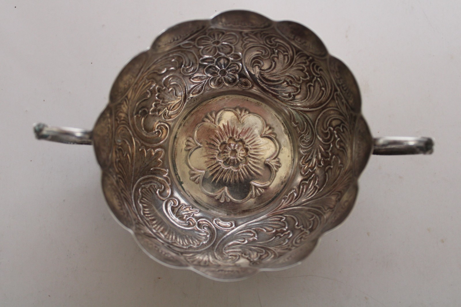 Antique 19th Century Silver Portuguese Bernegal Repousse Handled Religious Cup