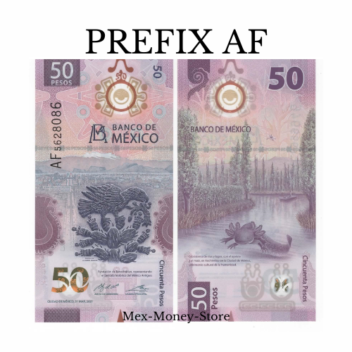 50 PESOS BILL MEXICO AXOLOTL UNCIRCULATED PREFIX AF - IBNS NOTE OF THE YEAR