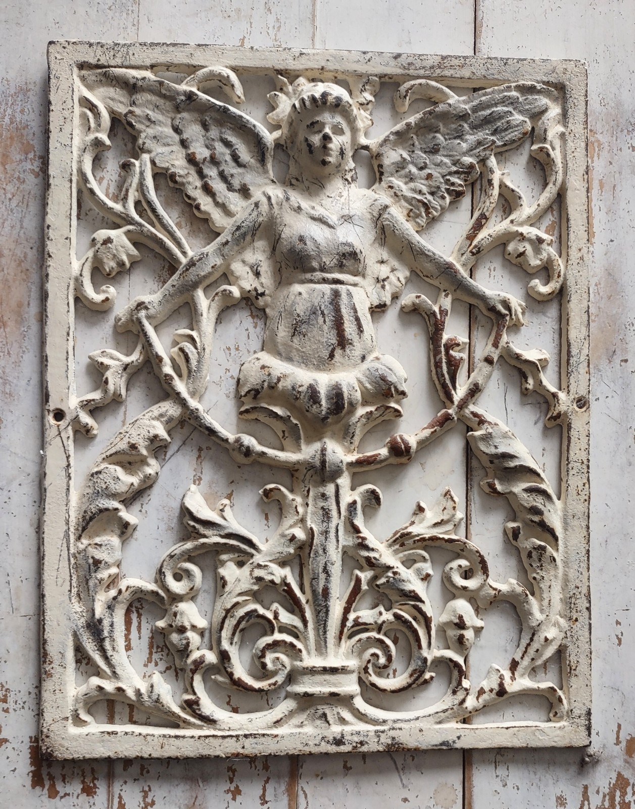Antique Cast Iron Garden Angel Distressed Neutral Off White with Ornate Floral
